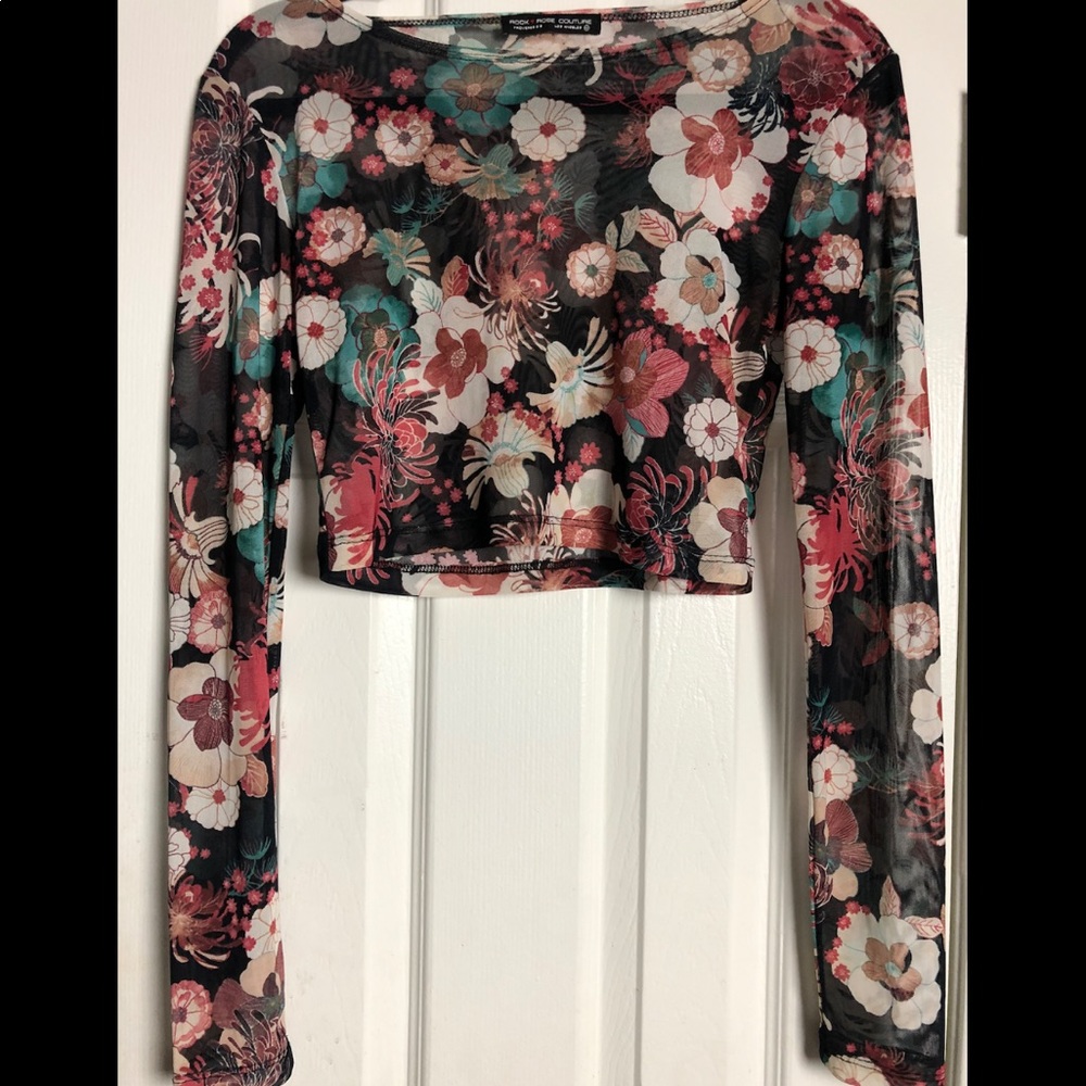 mesh/fishnet long sleeve rock rose couture shirt with Japanese floral print